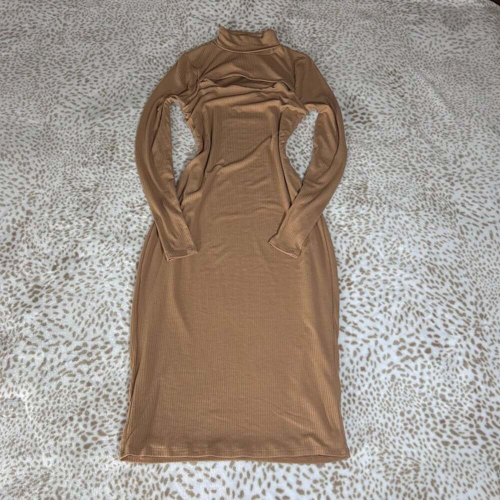 And Now This Women's Ribbed Cut-Out Turtleneck Maxi Dress Tan XS